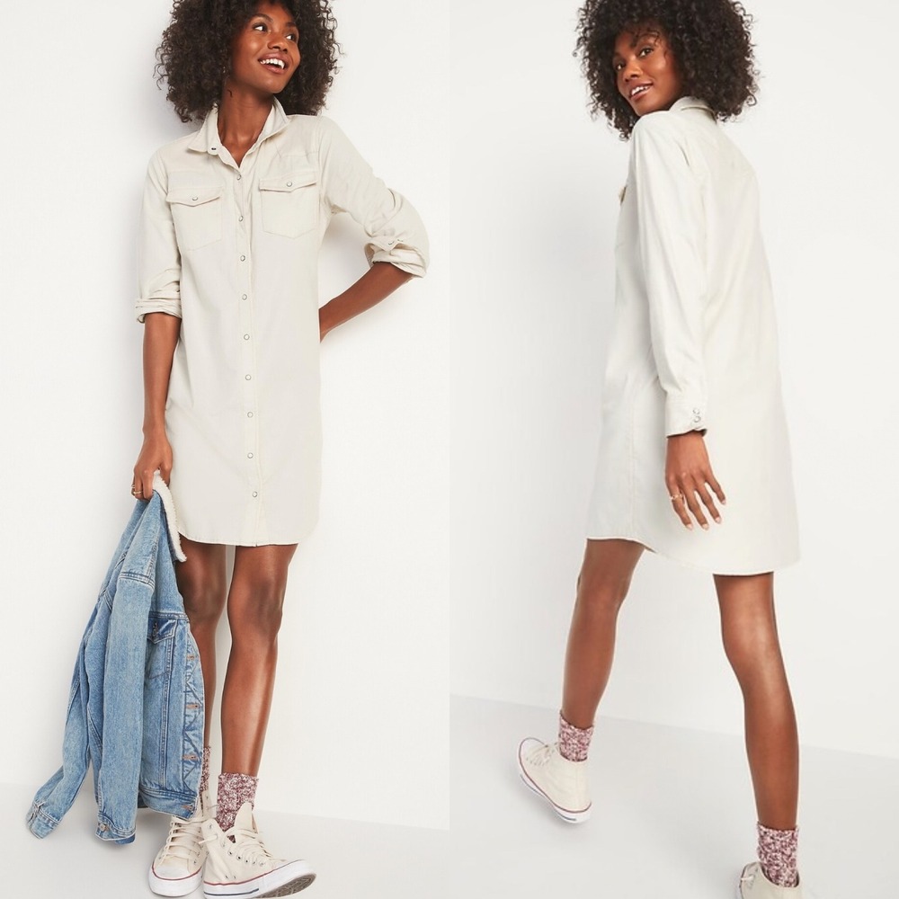 Old Navy Button Down Corduroy Wester Shift Shirt Dress Womens Size XL Tall Cream